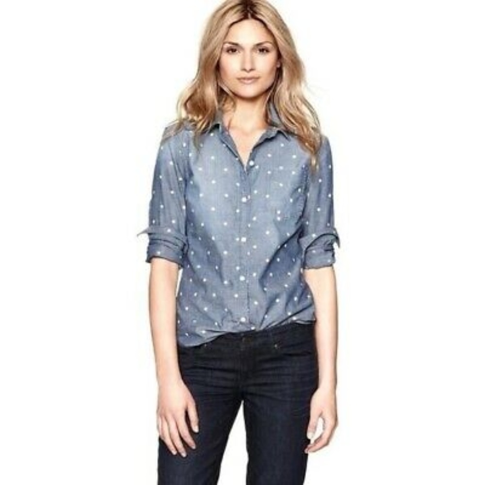 J Crew Chambray Classic Button Down polka dot Top
